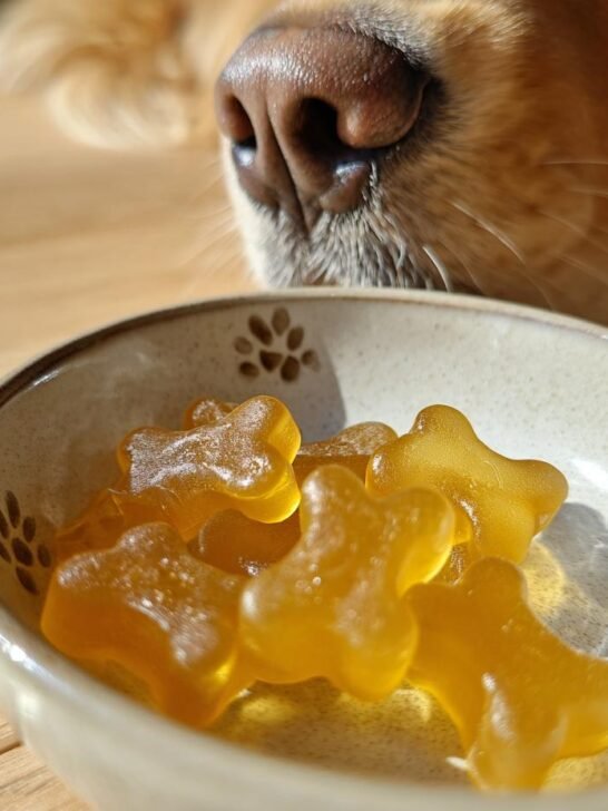 A dog's nose peers over a small bowl filled with yellow, bone-shaped Joint Support Bone Broth Gummy Bones.