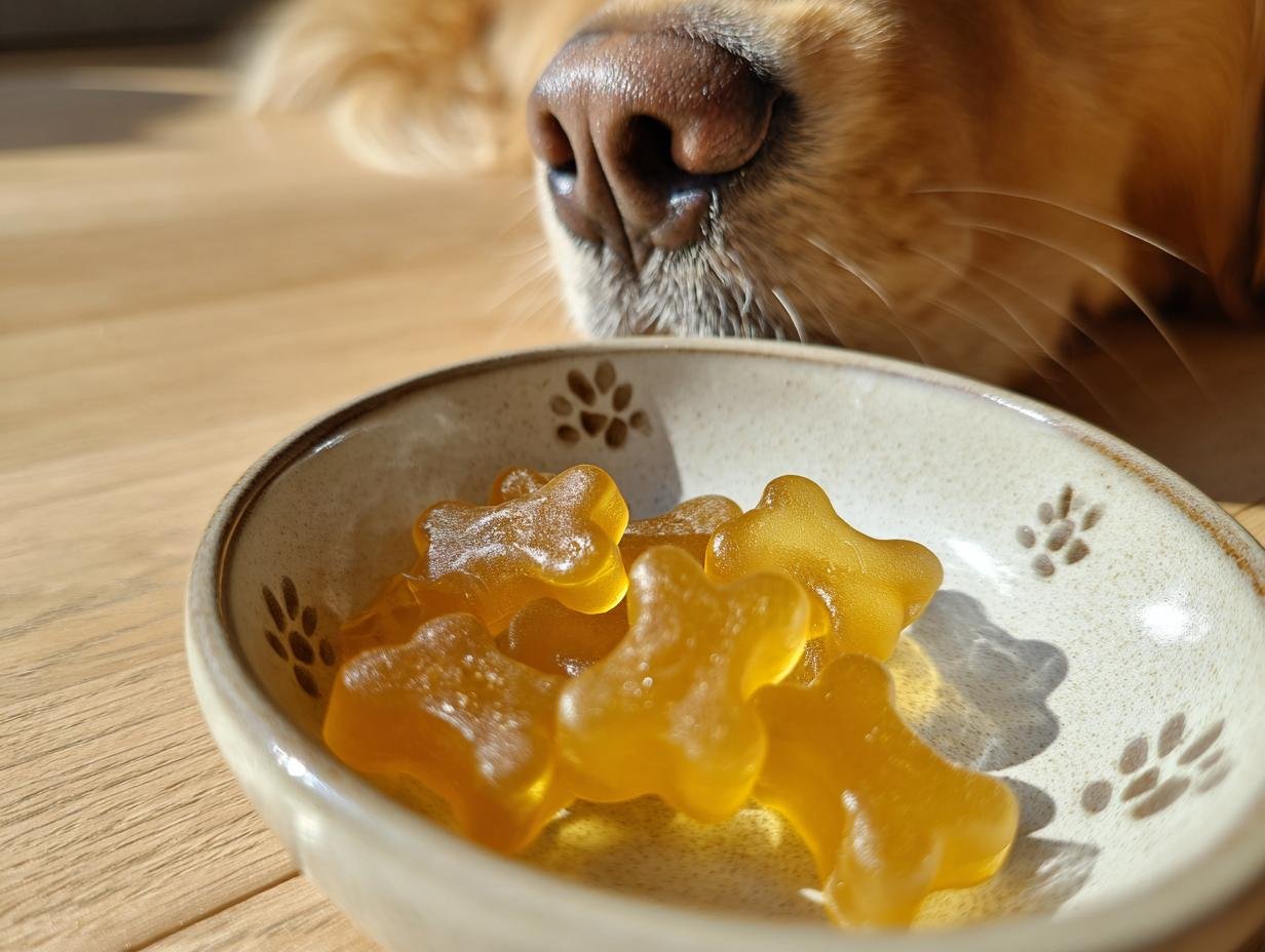 A dog's nose peers over a small bowl filled with yellow, bone-shaped Joint Support Bone Broth Gummy Bones.