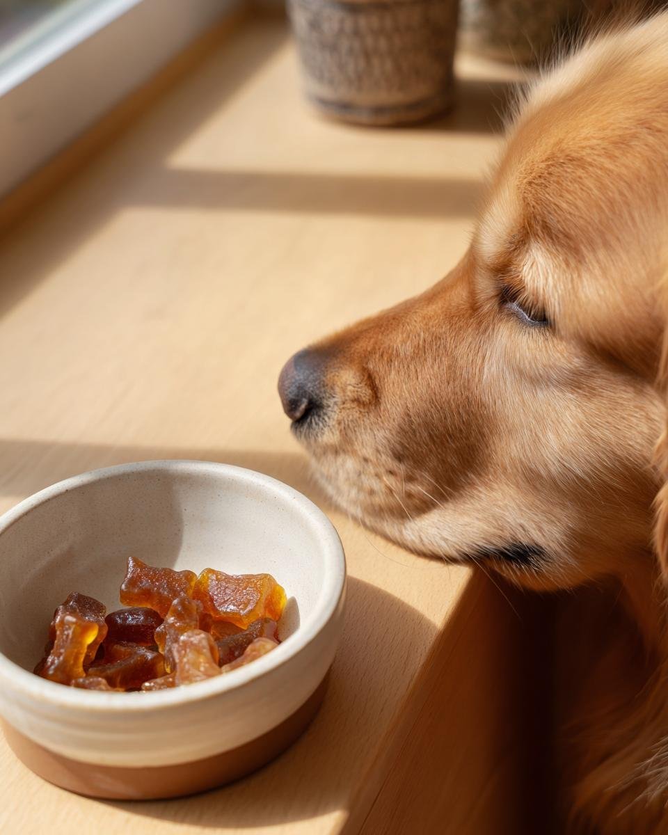 A Golden Retriever sniffs a small bowl of amber-colored Liver Support Bone Broth Gummy Bones for Dogs.