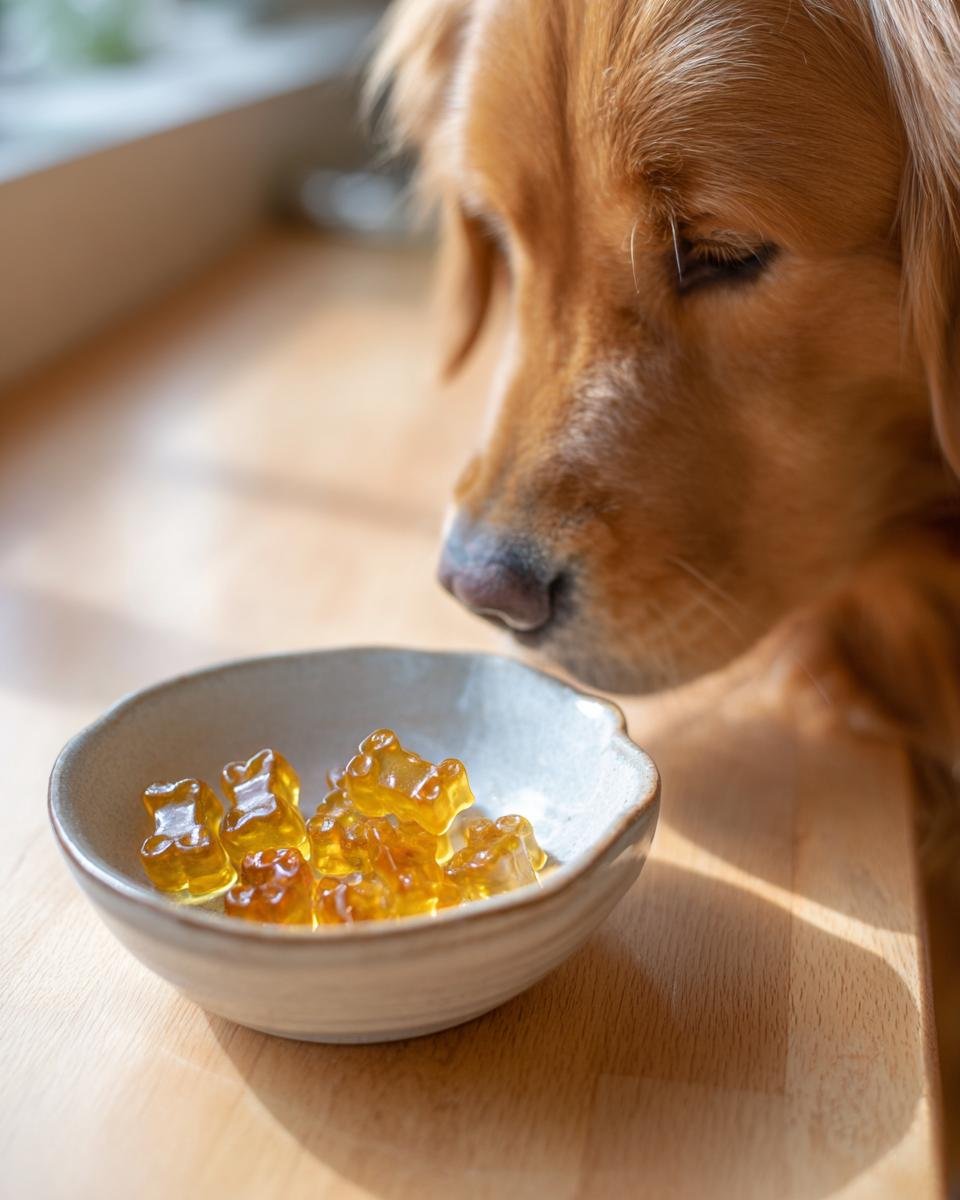 A golden retriever dog curiously sniffs a small bowl filled with amber-colored Liver Support Bone Broth Gummy Bones for dogs.