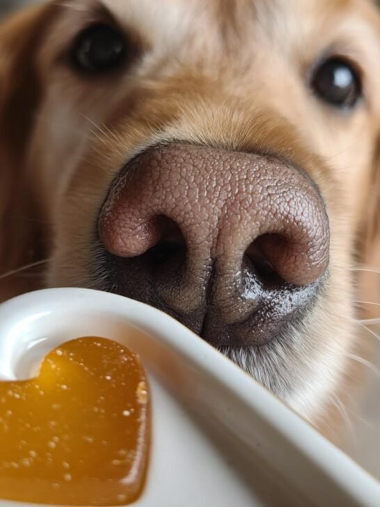 A golden retriever's nose is inches away from a heart-shaped Homemade Multivitamin Bone Broth Gummies on a white dish.