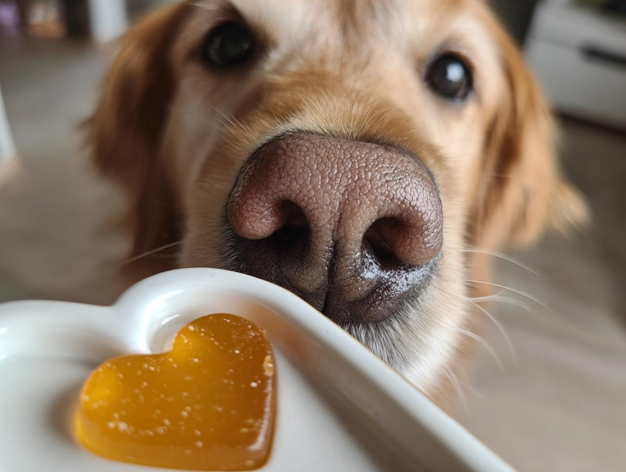 A golden retriever's nose is inches away from a heart-shaped Homemade Multivitamin Bone Broth Gummies on a white dish.