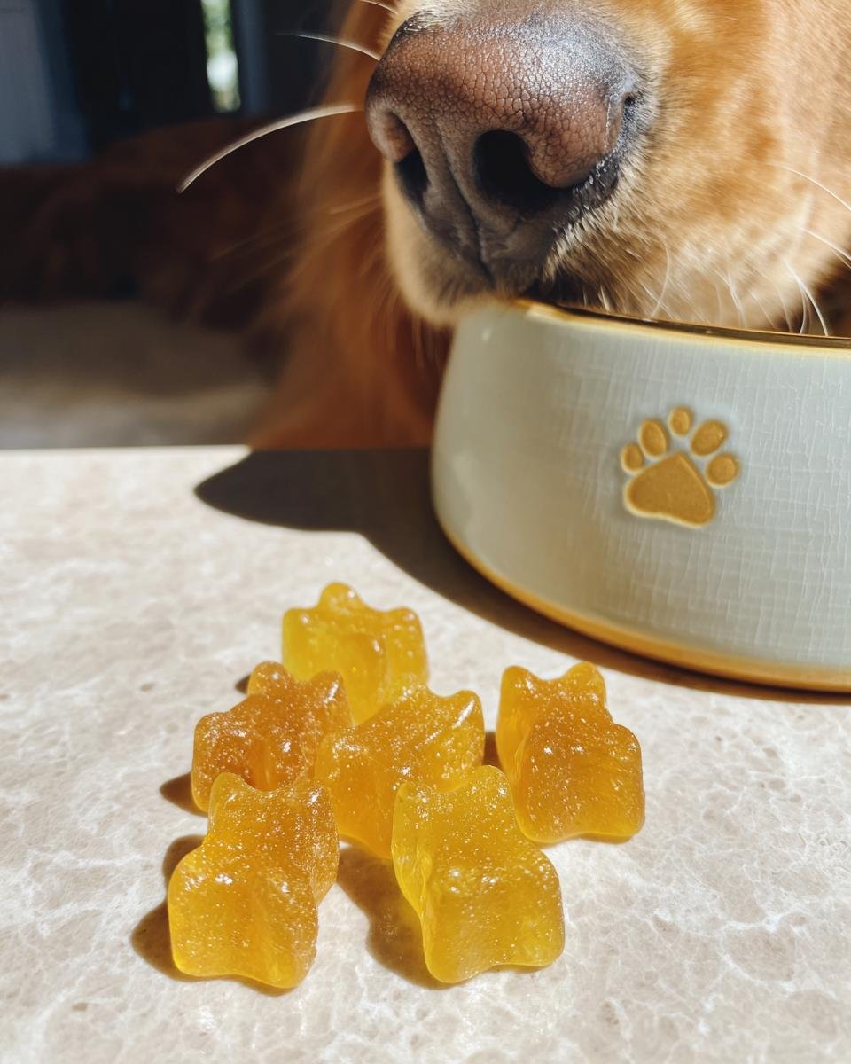 A close-up of several yellow, bear-shaped Omega Boost Bone Broth Gummy Treats for dogs on a counter, with a dog's nose sniffing a nearby bowl.