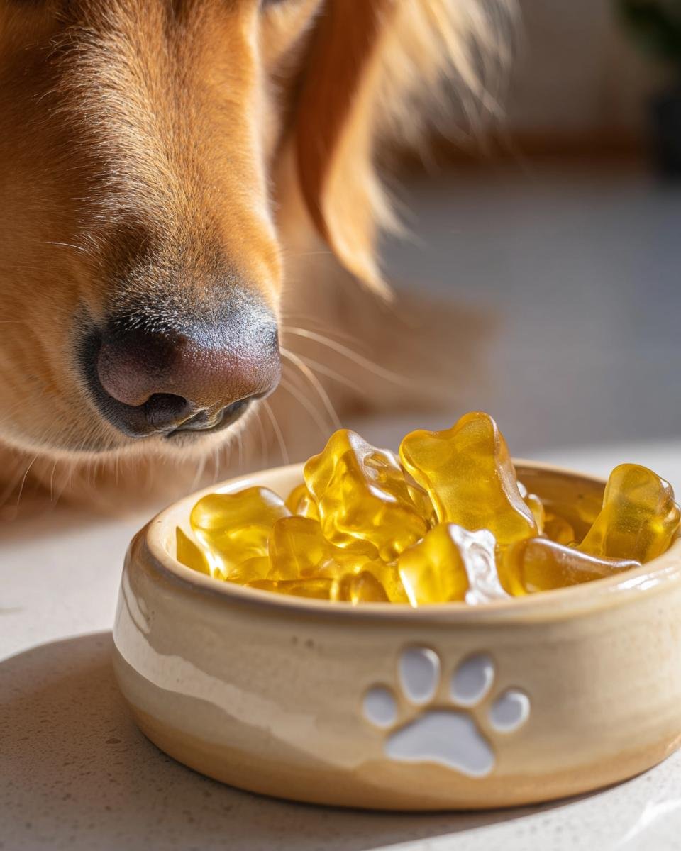 A golden retriever's nose hovers over a bowl filled with yellow, bone-shaped Omega Boost Bone Broth Gummy Treats for dogs.