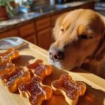 A golden retriever eagerly sniffs homemade Pumpkin & Apple Bone Broth Gummies for Dogs shaped like bones on a wooden tray.