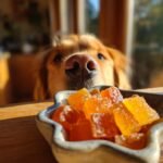 A golden retriever's nose is close to a bowl of orange Pumpkin Turmeric Bone Broth Gummies for Dogs.