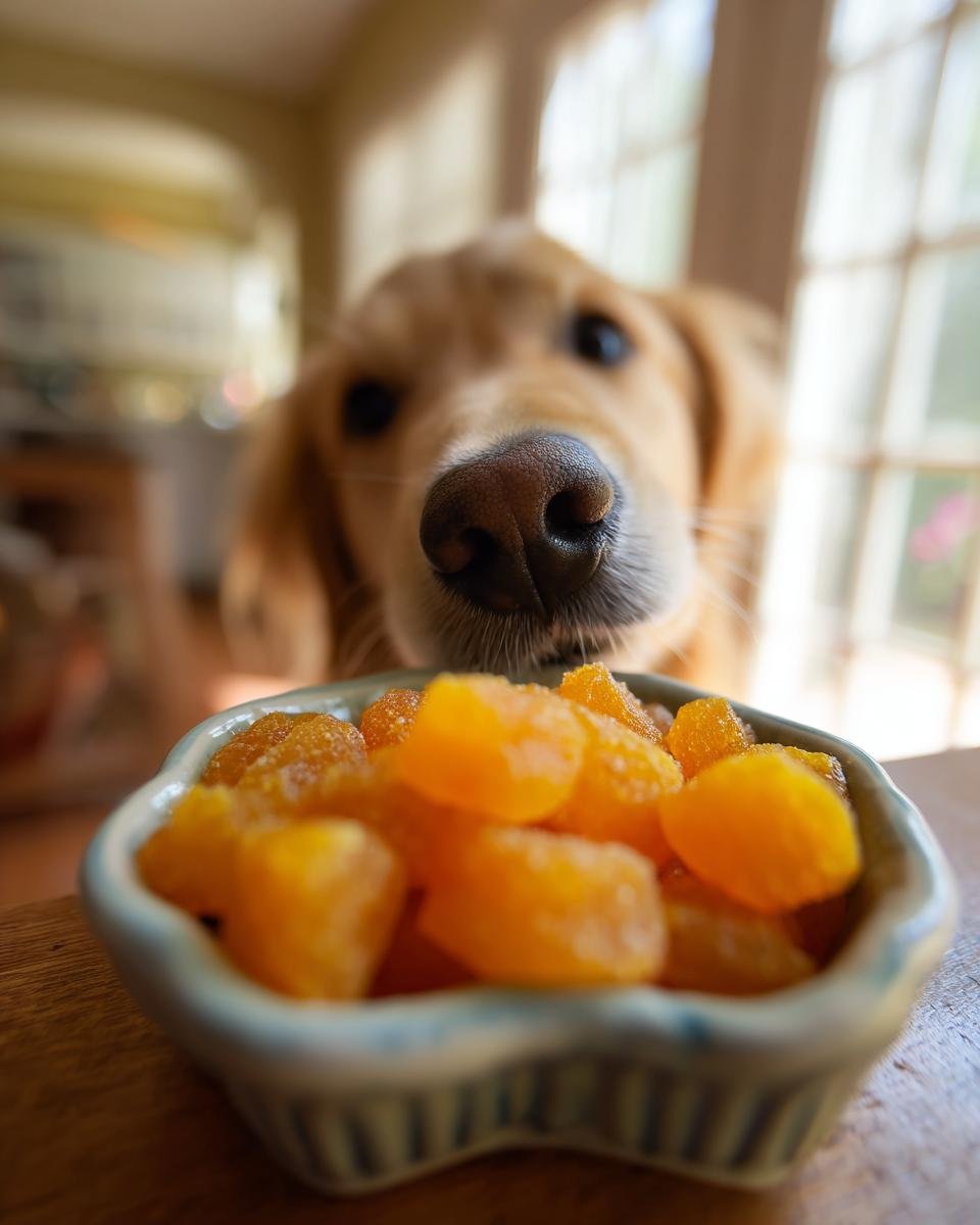 Golden retriever nose close-up over a bowl of orange Pumpkin Turmeric Bone Broth Gummies for Dogs.