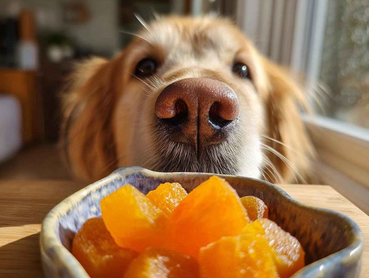 A curious Golden Retriever's nose is close to a bowl of orange Pumpkin Turmeric Bone Broth Gummies for Dogs.
