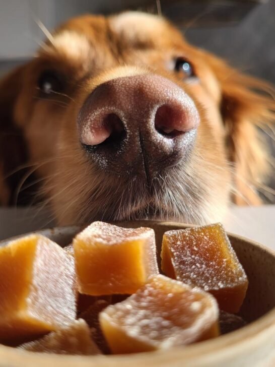 A golden dog's nose is focused just above a bowl of amber-colored Raw-Friendly Bone Broth Gummy Treats.