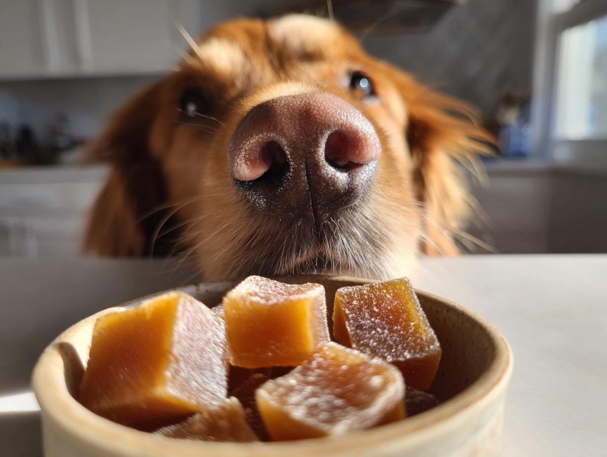 A golden dog's nose is focused just above a bowl of amber-colored Raw-Friendly Bone Broth Gummy Treats.