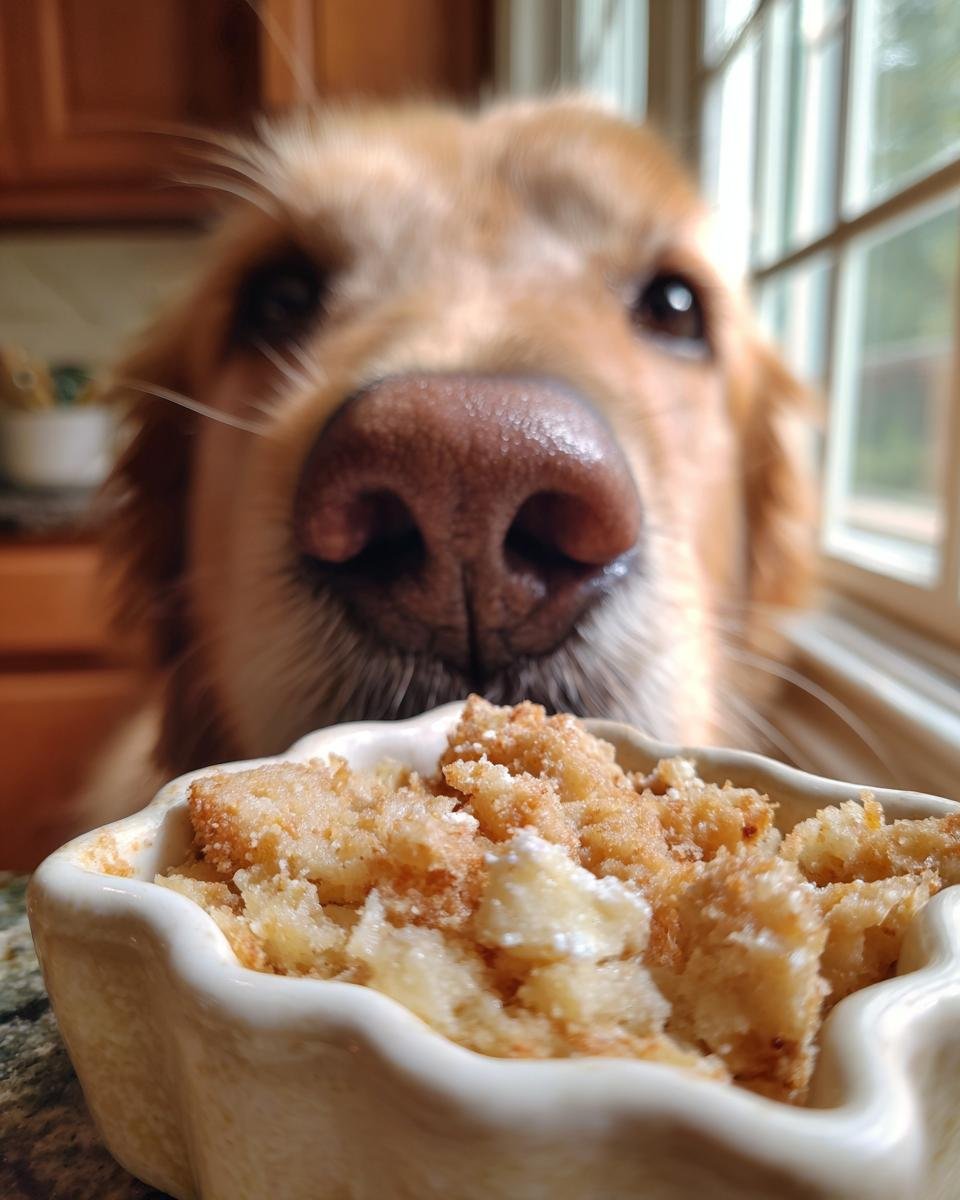 A golden retriever's nose is close to a small bowl of Homemade Turkey and Broccoli Wellness Kibble Mix.