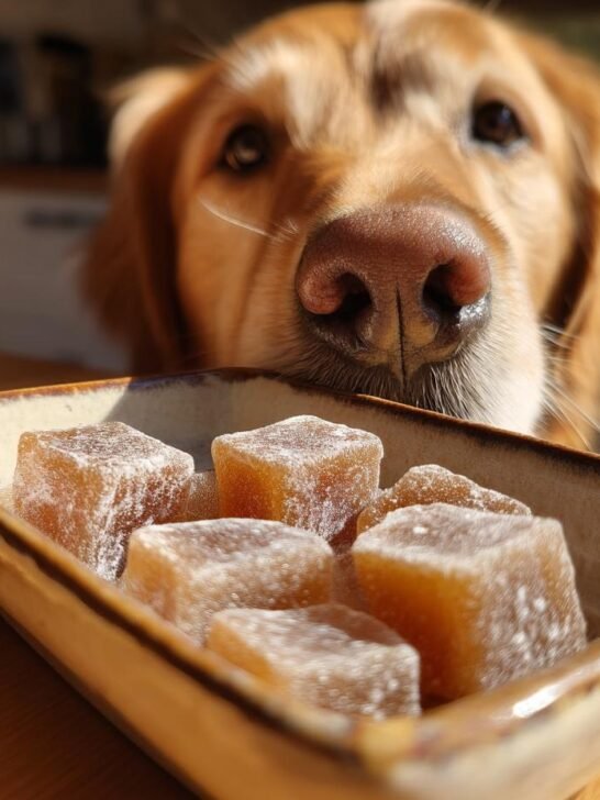 A golden retriever dog curiously sniffs a small dish of Weight Control Bone Broth Low-Cal Gummies for Dogs.