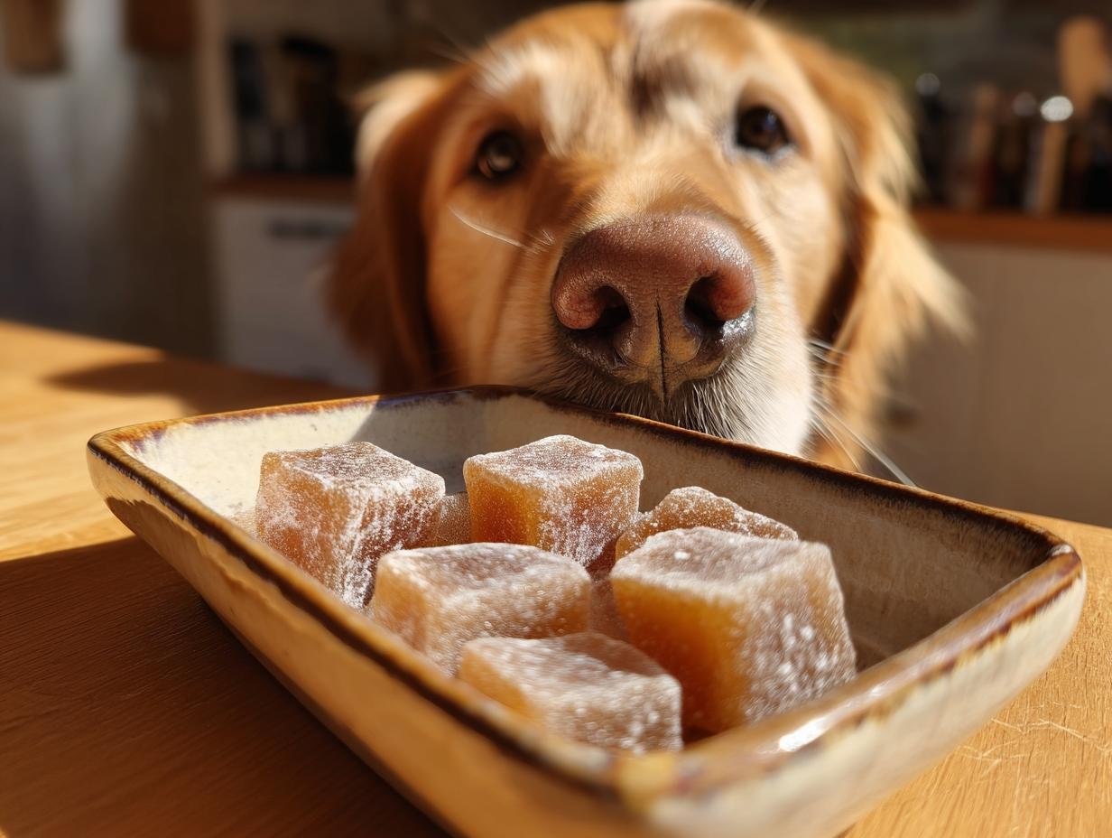 A golden retriever dog curiously sniffs a small dish of Weight Control Bone Broth Low-Cal Gummies for Dogs.
