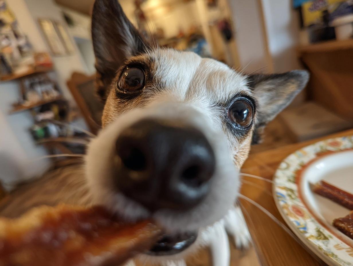 Close-up of a dog's face looking intently at a piece of Turkey Banana Soft Jerky.