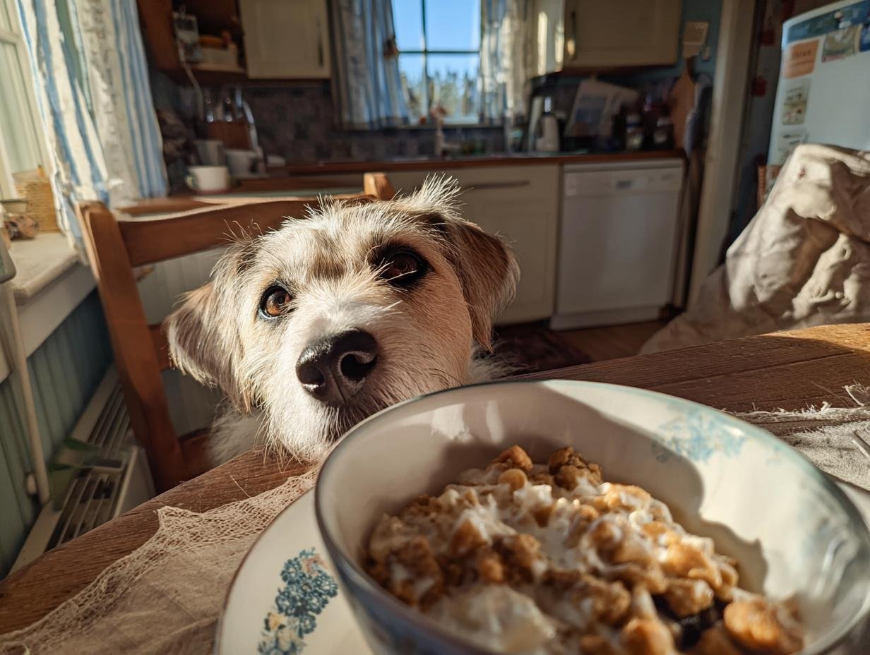 A scruffy dog looks longingly at a bowl of Turkey and Blueberry Antioxidant Dish.
