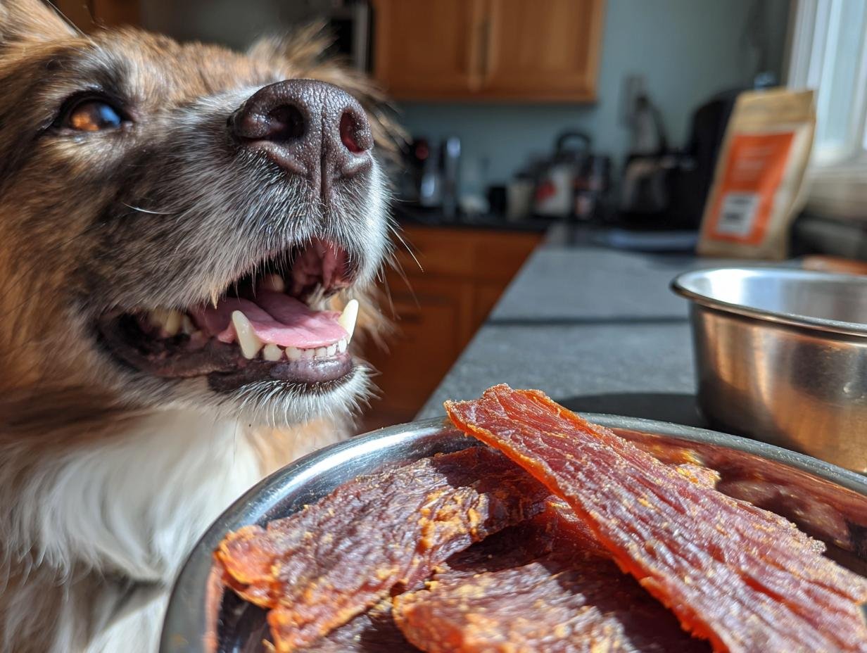 A dog's face close-up, looking eagerly at a bowl of Turkey Ginger Immunity Jerky.