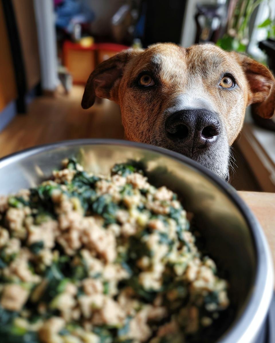 A curious dog peeks over a bowl of Turkey and Spinach Low Fat Meal.