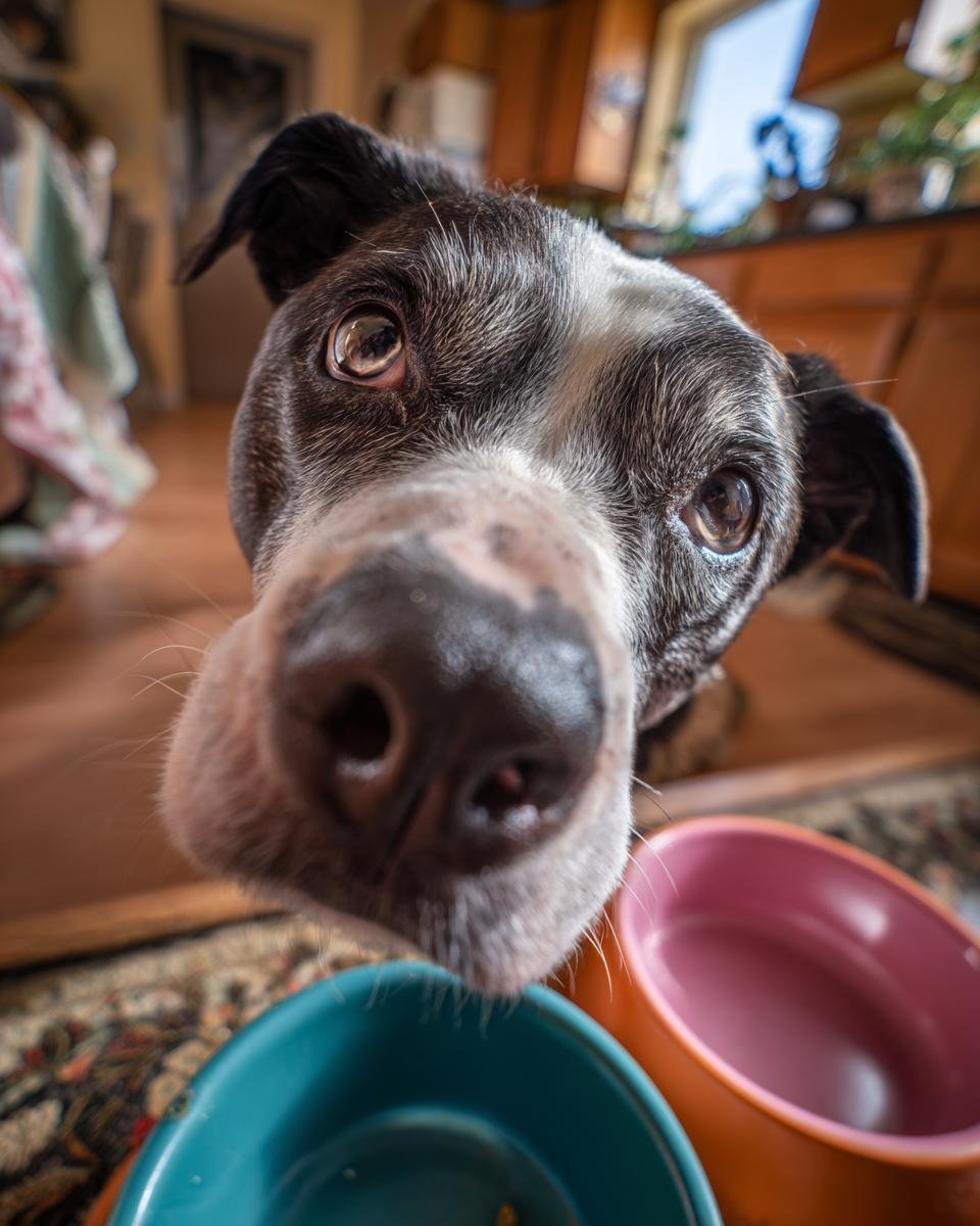 A close-up of a dog's face, looking intently at the camera, with two colorful bowls in the foreground, anticipating Turkey Banana Soft Jerky.