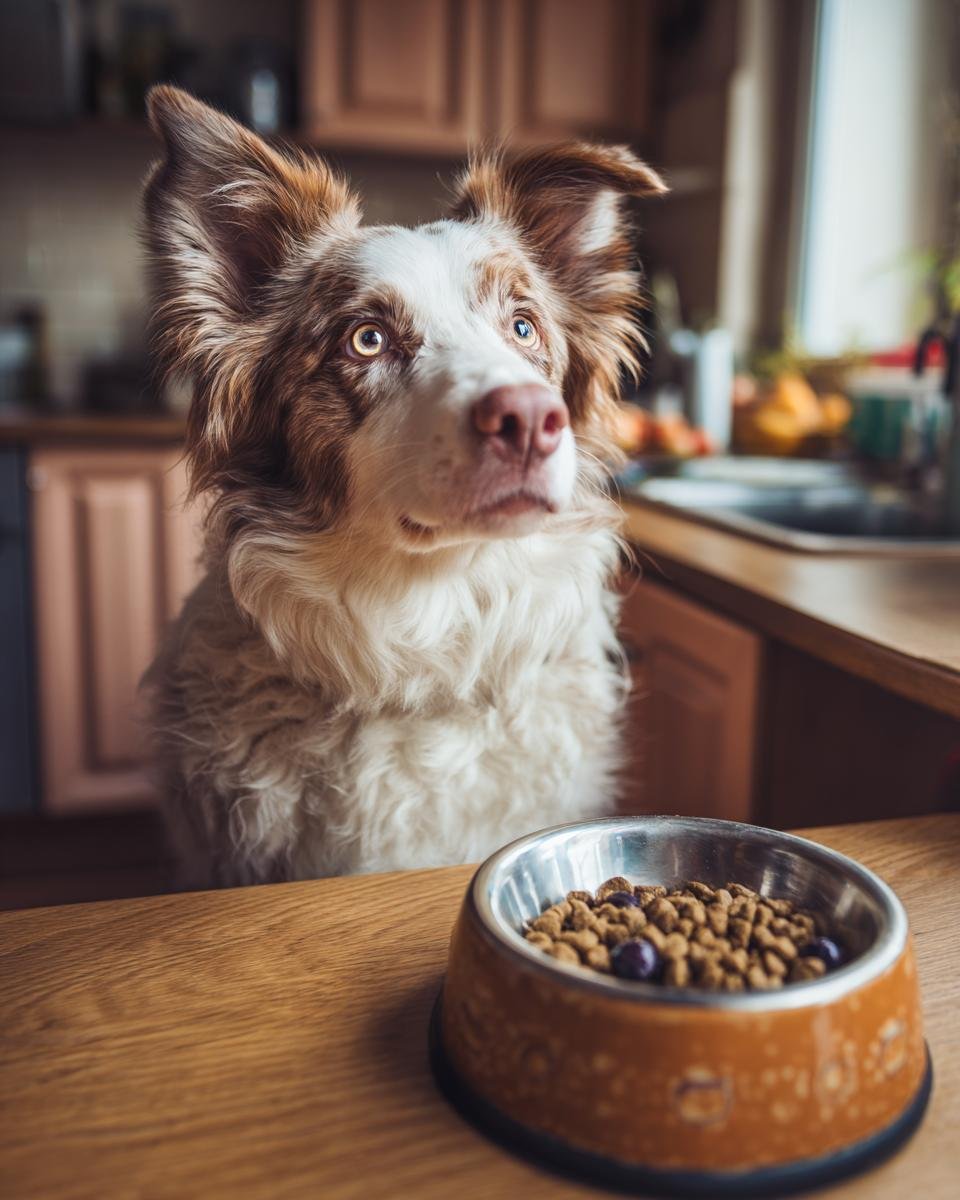 A fluffy dog with expressive eyes sits at a table, looking towards a bowl of kibble with blueberries, anticipating the Turkey and Blueberry Antioxidant Dish.