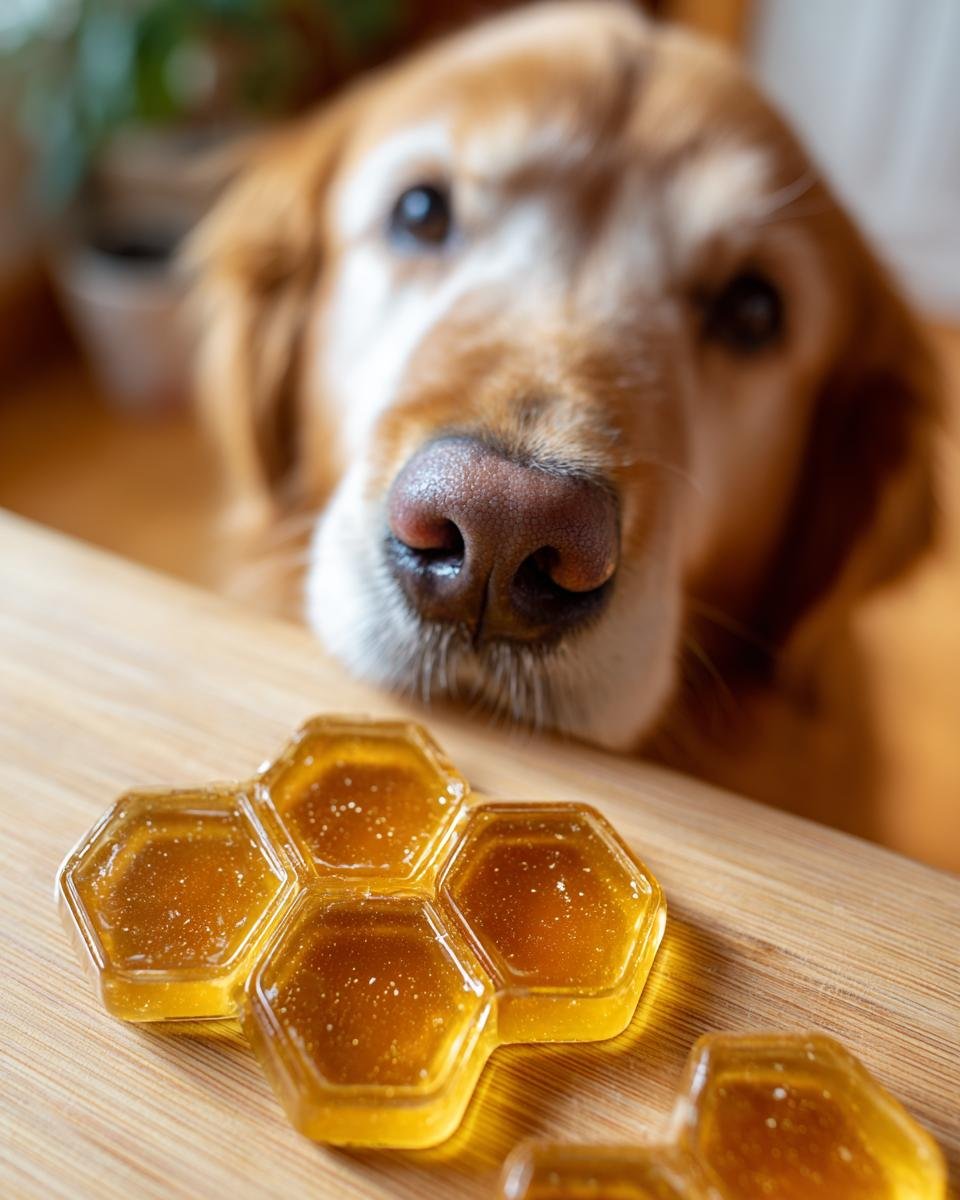 A golden retriever sniffs homemade Pumpkin & Apple Bone Broth Gummies shaped like honeycombs.