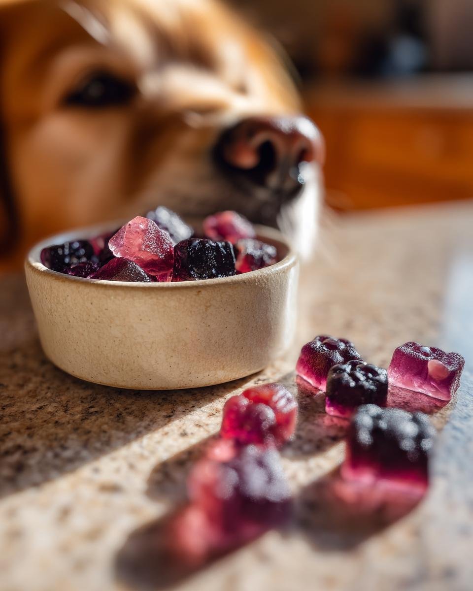 A dog's face is blurred in the background, looking intently at a small bowl of Berry Blast Bone Broth Gummies for Dogs.