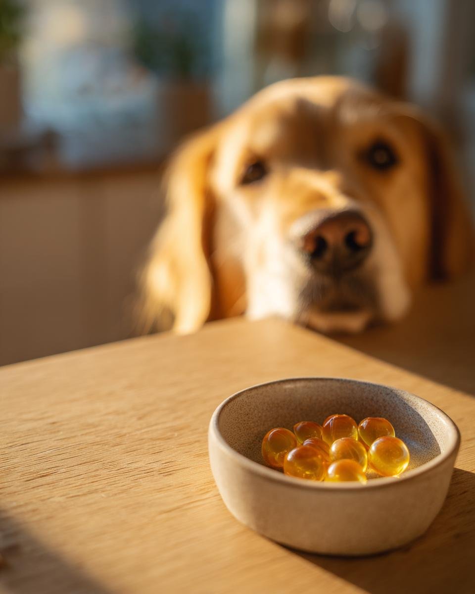 A golden retriever looks longingly at a small bowl of amber Chamomile Bone Broth Relaxing Gummies for dogs.