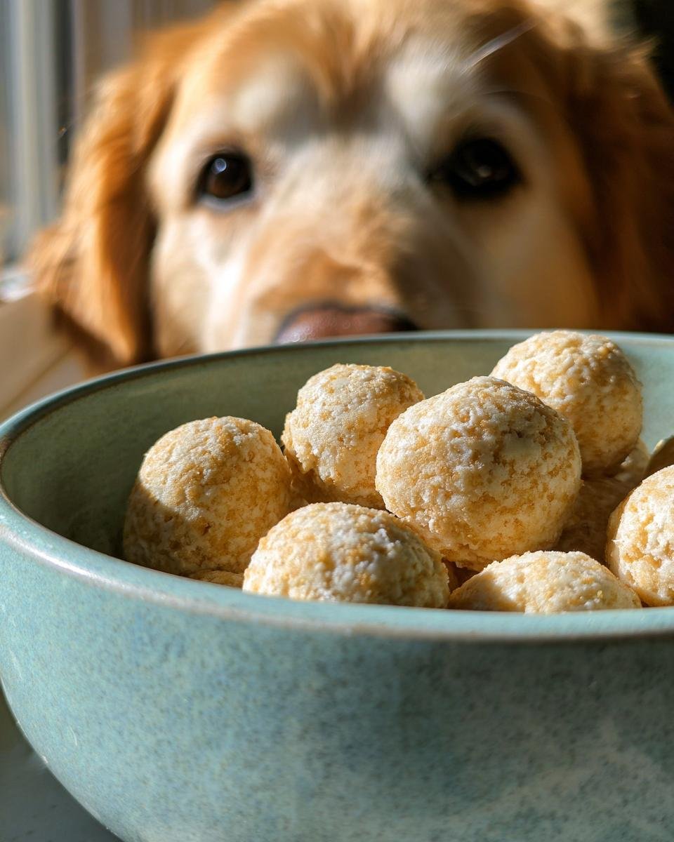 A golden retriever peeks over a bowl filled with Homemade Chicken and Cauliflower Light Crumble Kibbles.