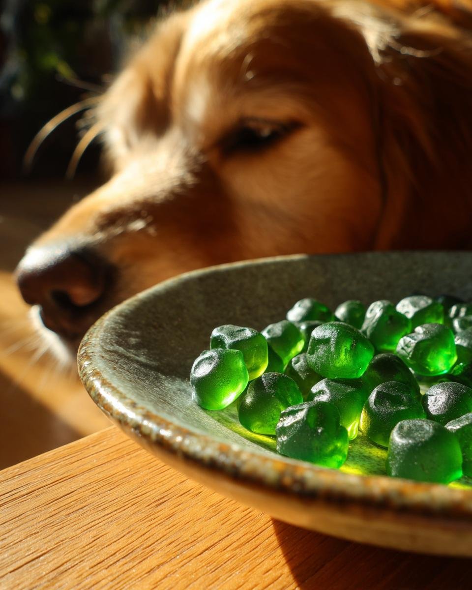 A golden retriever looks longingly at a bowl of bright green Green Bean Bone Broth Low-Fat Gummies.