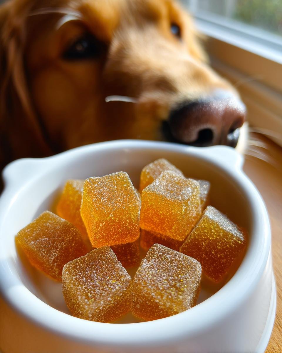 A close-up of amber-colored Herbal Wellness Bone Broth Gummies in a white bowl, with a golden retriever looking intently in the background.