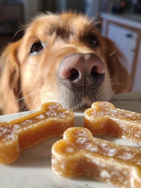 A Golden Retriever's nose hovers over three bone-shaped High-Collagen Bone Broth Gummy Bones on a counter.