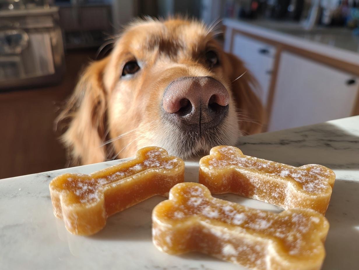 A Golden Retriever's nose hovers over three bone-shaped High-Collagen Bone Broth Gummy Bones on a counter.