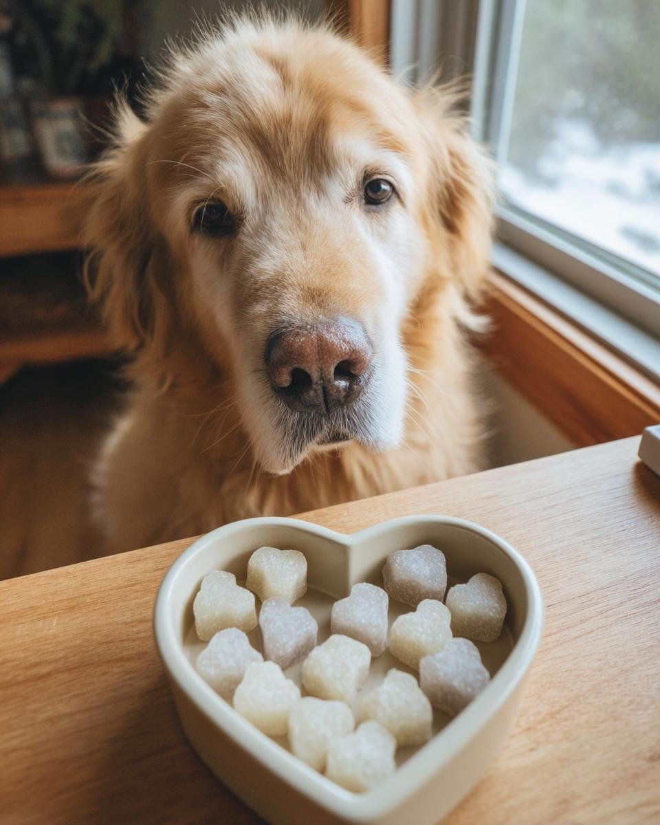A golden retriever looks intently at a heart-shaped dish filled with Homemade Multivitamin Bone Broth Gummies for Dogs.
