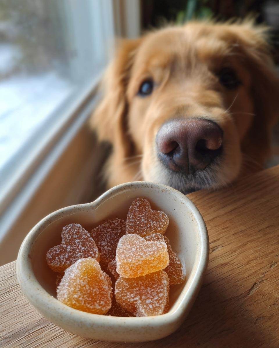 A golden retriever looks intently at a heart-shaped bowl of Homemade Multivitamin Bone Broth Gummies for Dogs.
