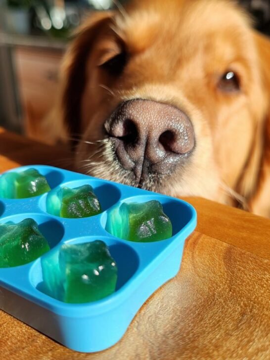 A golden retriever looks intently at bright green Spinach & Bone Broth Vitamin Gummies in a blue mold.