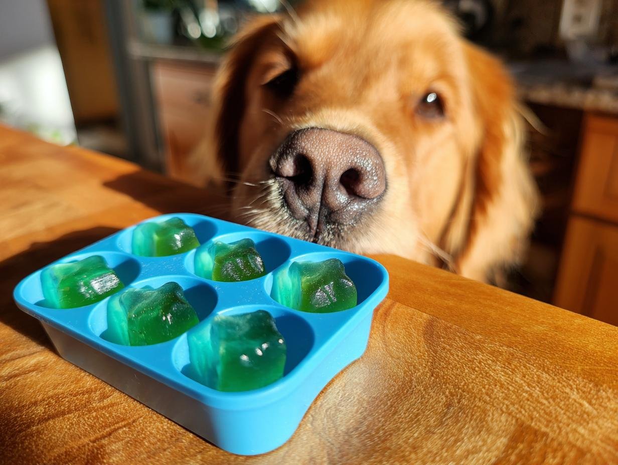 A golden retriever looks intently at bright green Spinach & Bone Broth Vitamin Gummies in a blue mold.