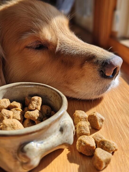 A golden retriever rests its head near a bowl of Homemade Turkey and Sweet Pea Lean Crunch Kibble.