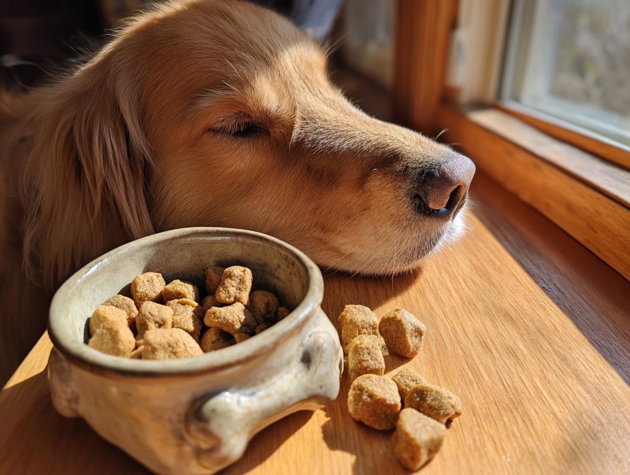 A golden retriever rests its head near a bowl of Homemade Turkey and Sweet Pea Lean Crunch Kibble.