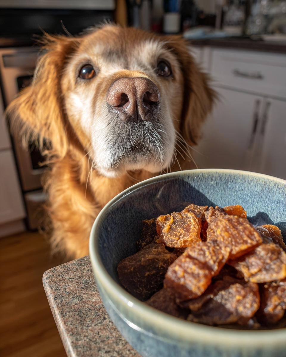 A golden retriever looks intently at a bowl of homemade Duck and Pear Soft Chew Jerky.