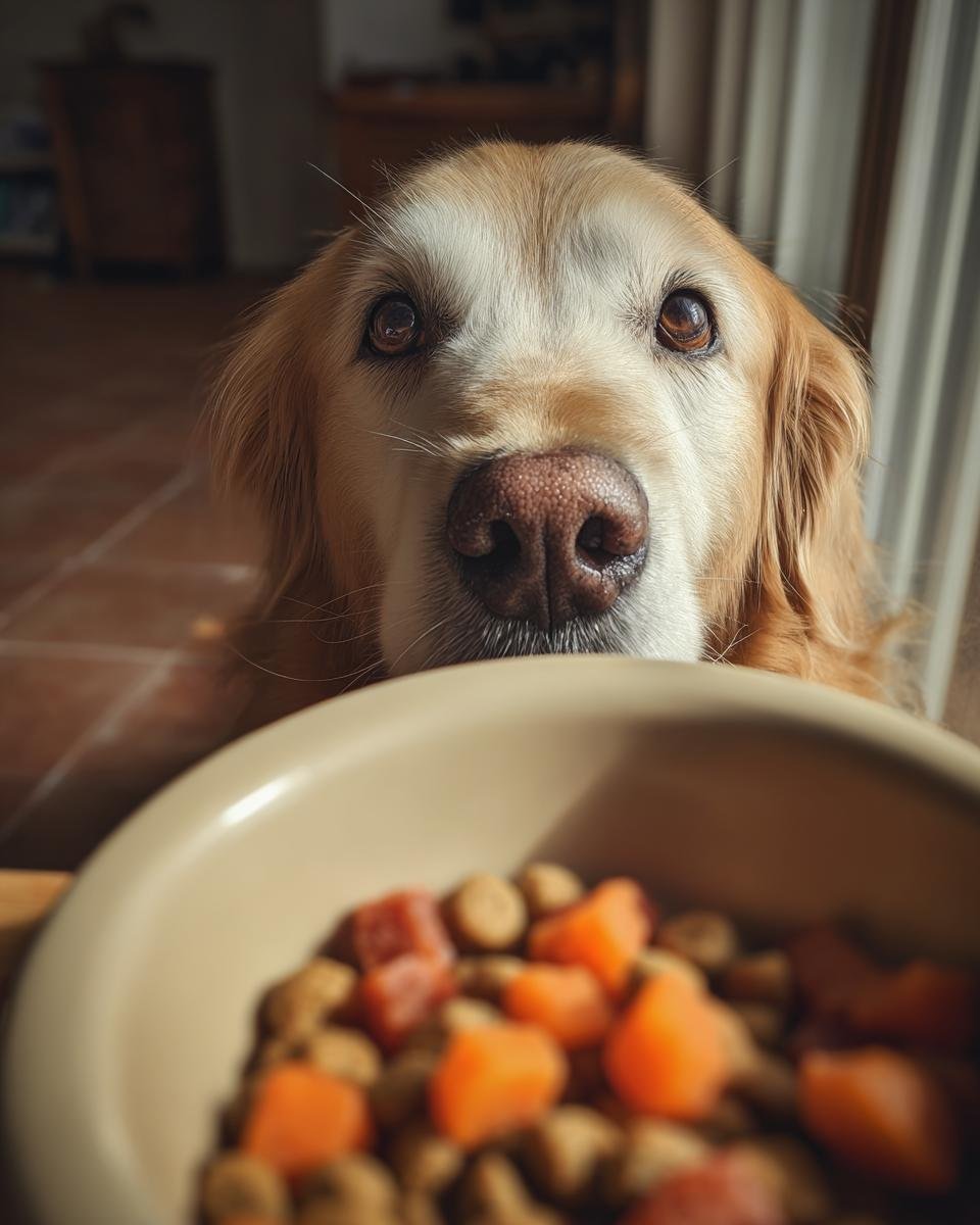 A golden retriever dog looks intently at a bowl of food, anticipating the duck and pear soft chew jerky.