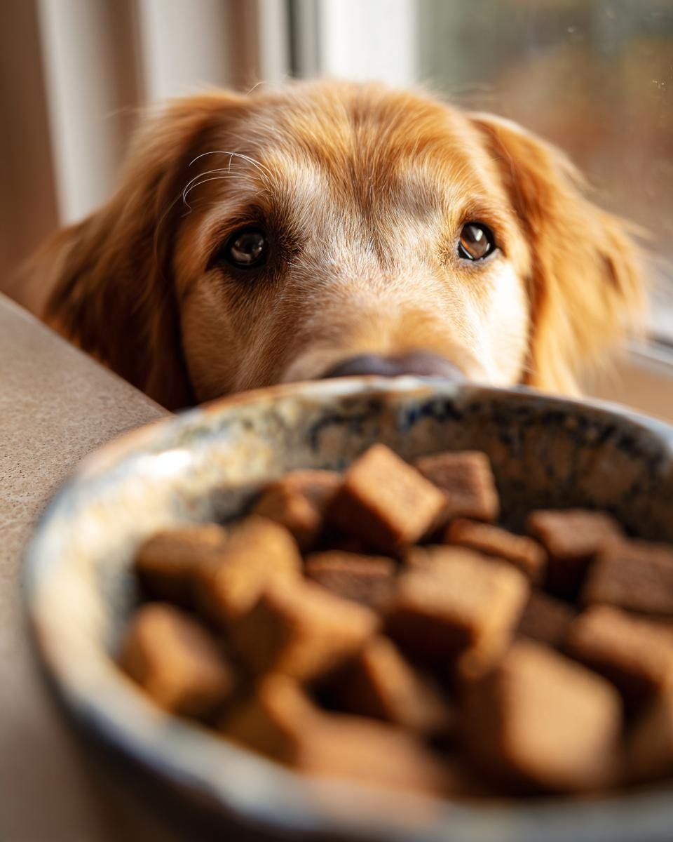 A golden retriever eagerly looks over a bowl filled with Homemade Beef and Rice Everyday Crunch Kibble.