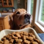 A golden retriever looks up expectantly over a bowl filled with Homemade Chicken and Broccoli Immune Support Kibbles.