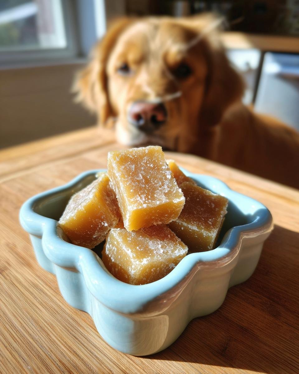 Homemade Energy Boost Bone Broth Gummies for Dogs in a blue dish, with a golden retriever looking on.