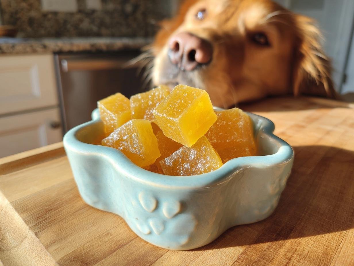 Golden retriever looking eagerly at a light blue bowl filled with yellow Energy Boost Bone Broth Gummies for Dogs.