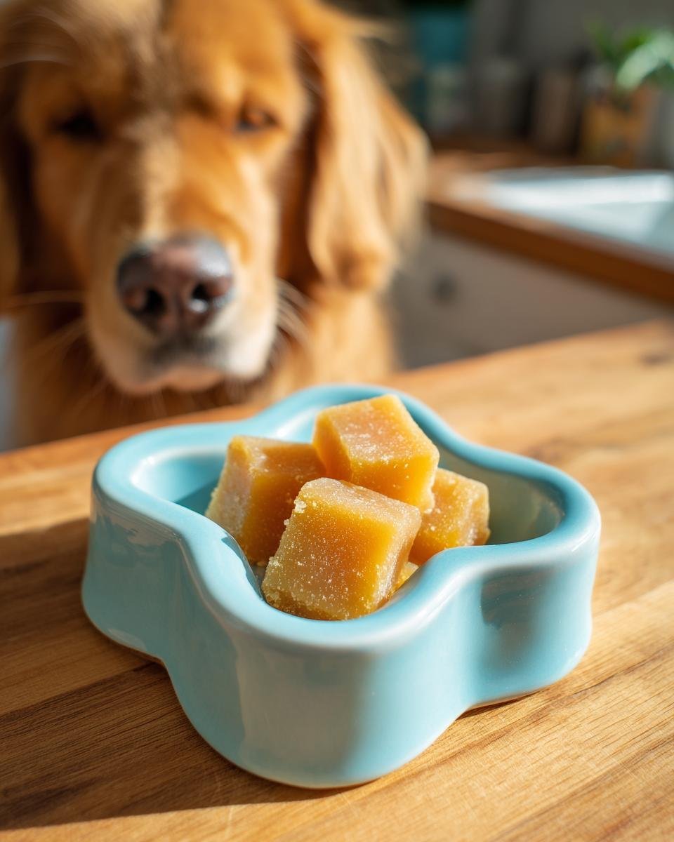 A golden retriever looks eagerly at a blue dish containing homemade Energy Boost Bone Broth Gummies for dogs.