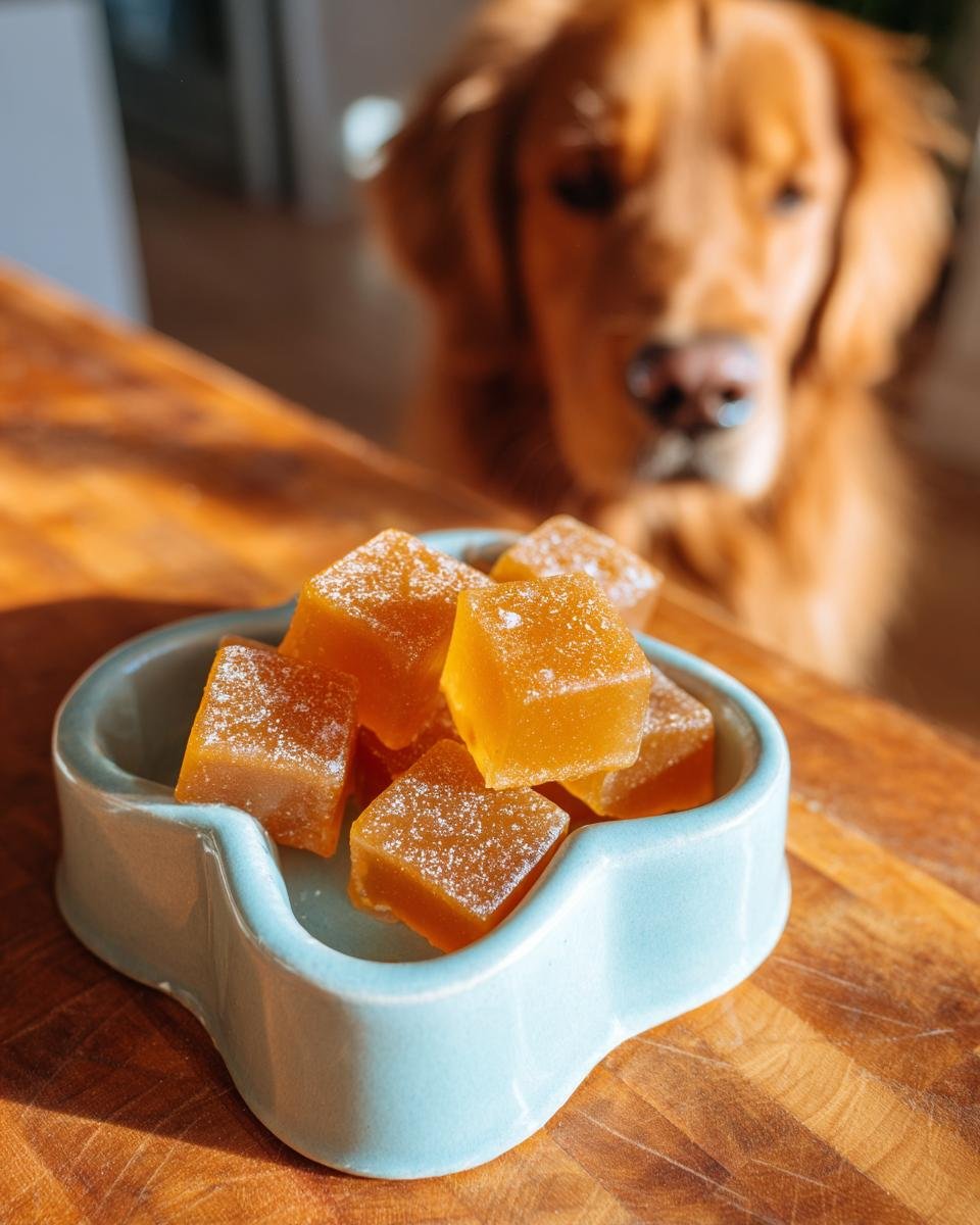 Close-up of homemade Energy Boost Bone Broth Gummies for Dogs in a small blue dish, with a golden retriever looking on.