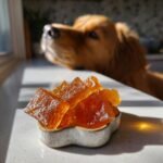Close-up of amber-colored Everyday Bone Broth Gummy Treats for Dogs in a small dish, with a golden retriever looking eagerly in the background.