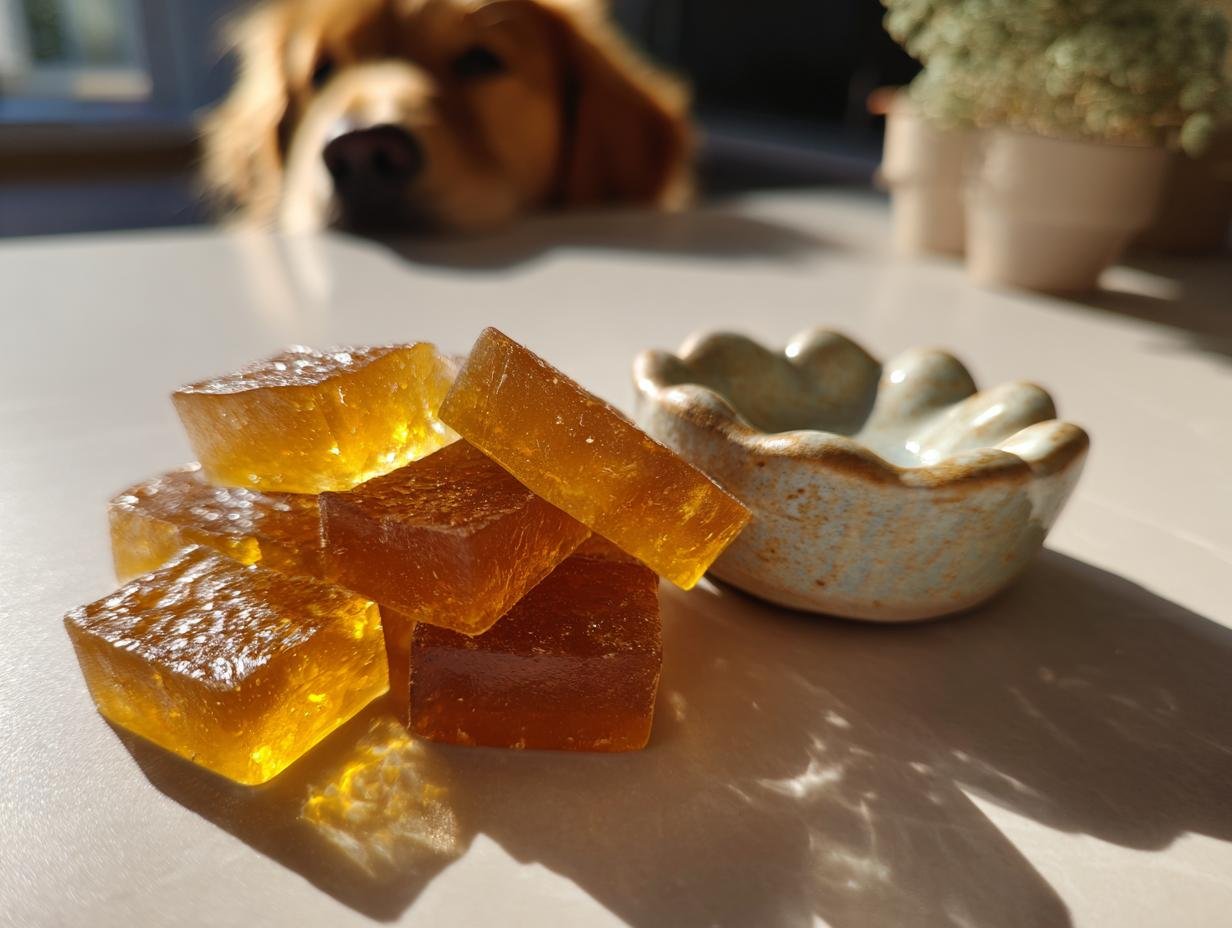 Amber colored Everyday Bone Broth Gummy Treats for Dogs stacked next to a small ceramic dish, with a dog watching in the background.