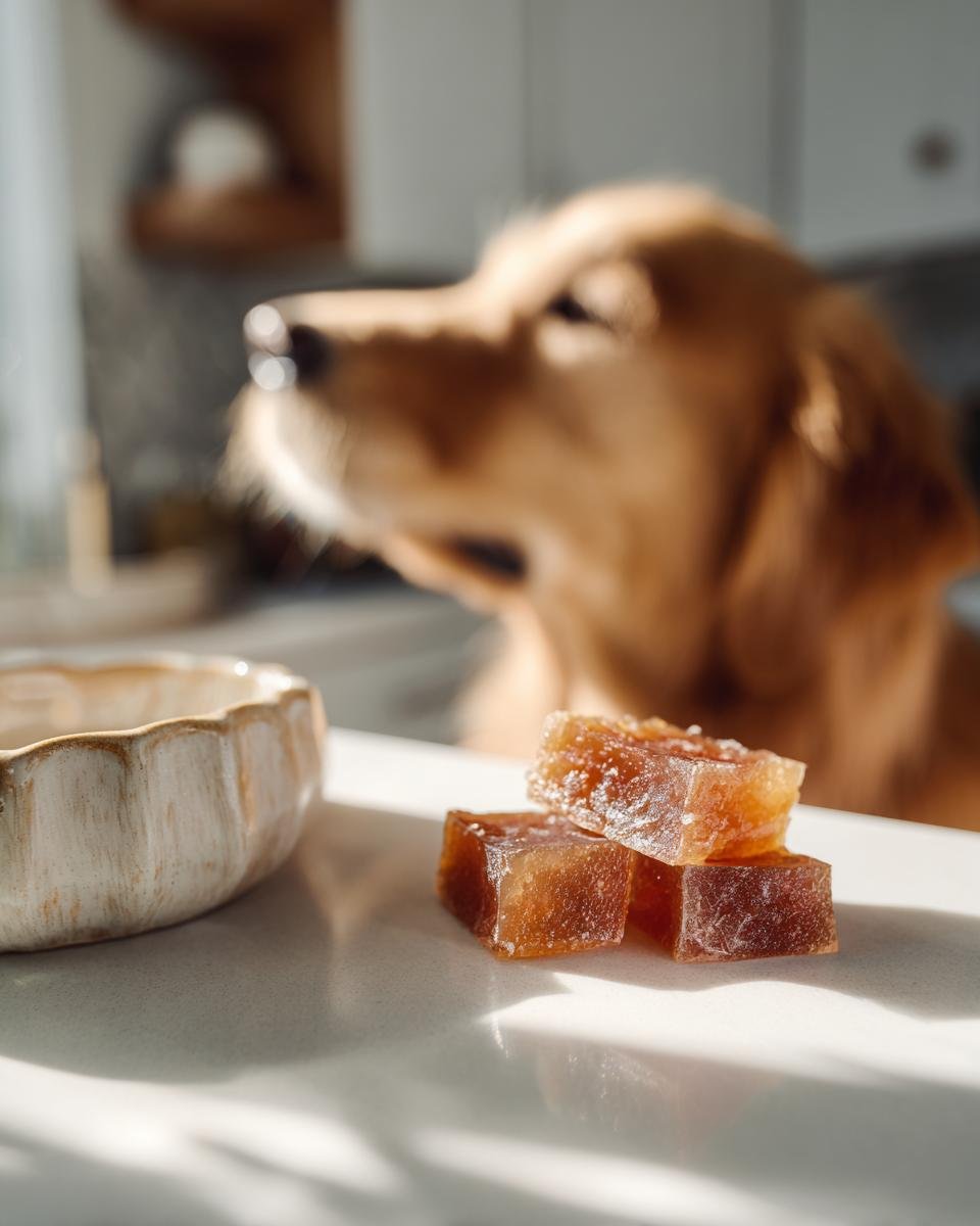 Three amber-colored Everyday Bone Broth Gummy Treats for Dogs on a counter with a curious Golden Retriever in the background.