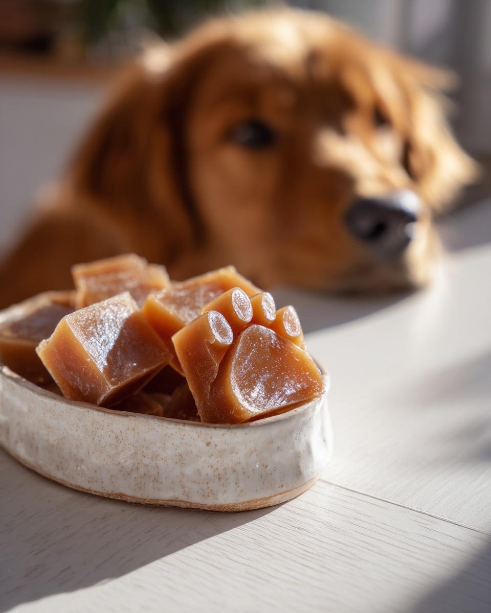 A bowl of amber-colored Everyday Bone Broth Gummy Treats for Dogs, one shaped like a paw, with a golden retriever looking on.