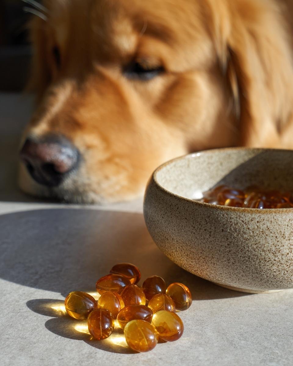 Amber-colored softgels, representing Gentle Stomach Bone Broth Gummies for Dogs, spilled next to a small bowl with a golden retriever blurred in the background.